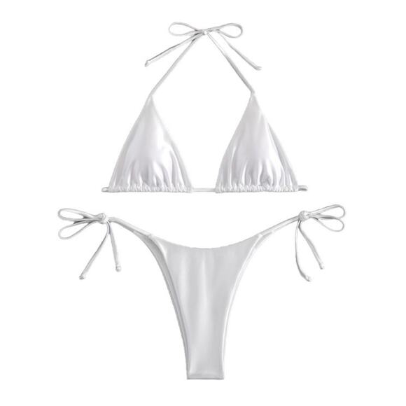 MakeMeChic Women's White Satin Bikini Swimsuit Triangle Halter Tie Back Thong M - Picture 7 of 8